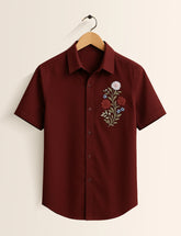 Red Flower Printed Embroidery Half Sleeve Shirt - XPST